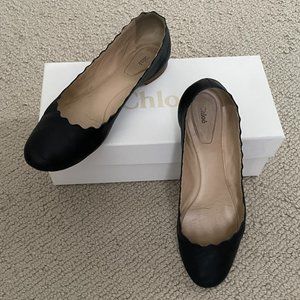 CHLOE Lauren Scalloped Ballet Flat in Navy Blue Leather